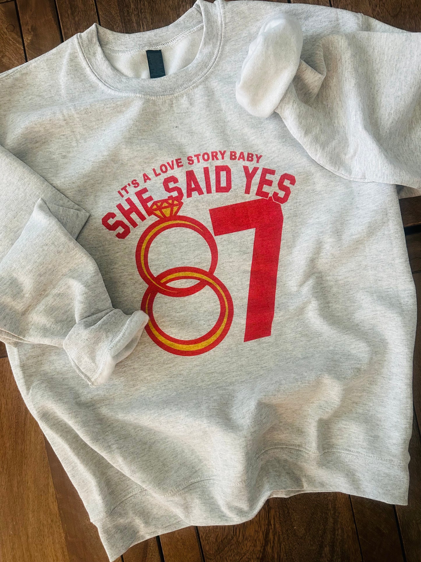 She said YES ash grey crewneck
