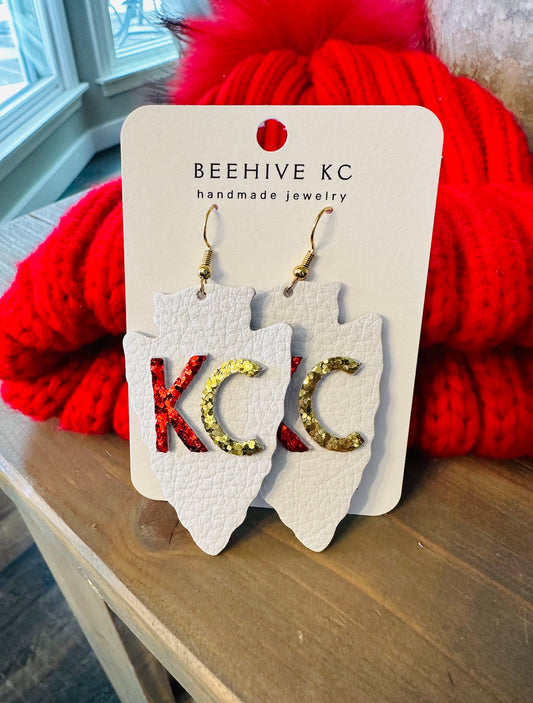 Leather Earrings - white red and gold KC